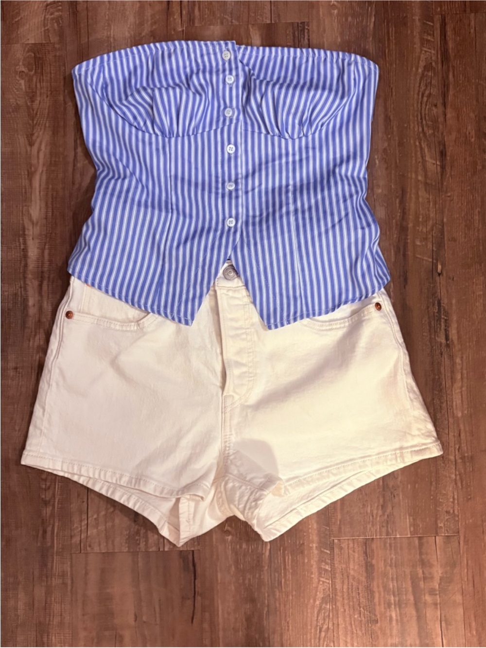 Striped Strapless Button-Front Corset Top in Light Blue - Picture 3 of 3